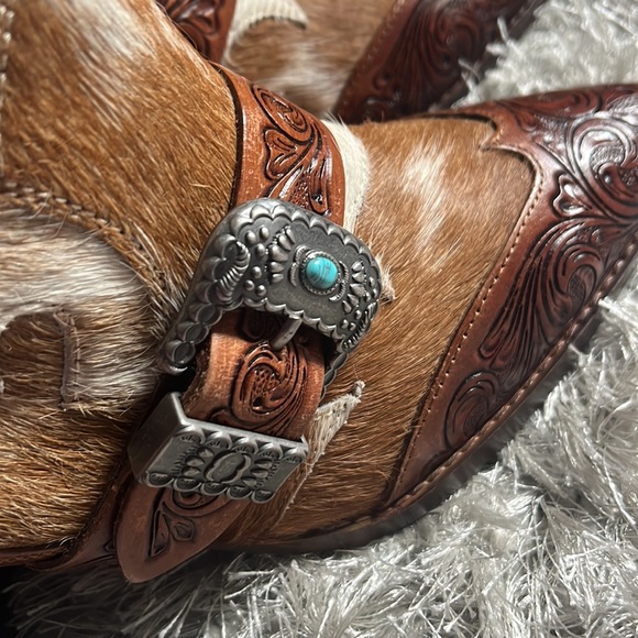 Leather booties with hand tooled detailing, hairon and belted accent, new, Myra - Picture 7 of 16